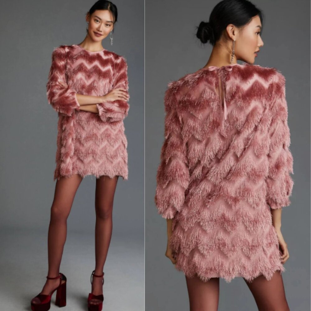 Anthropologie Hutch Fringed Chevron Shift Dress in Rose Pink XL